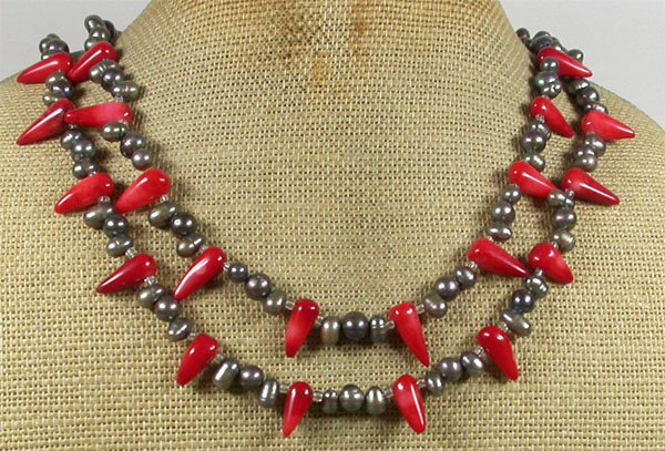Handmade RED CORAL & FRESH WATER PEARLS 2ROW NECKLACE