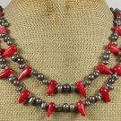 Handmade RED CORAL & FRESH WATER PEARLS 2ROW NECKLACE