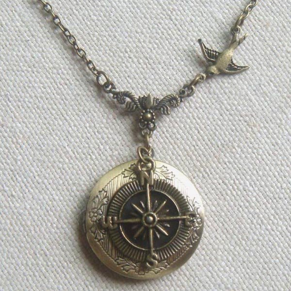 Handmade ROUND LOCKET PENDANT & SWALLOW & COMPASS NECKLACE