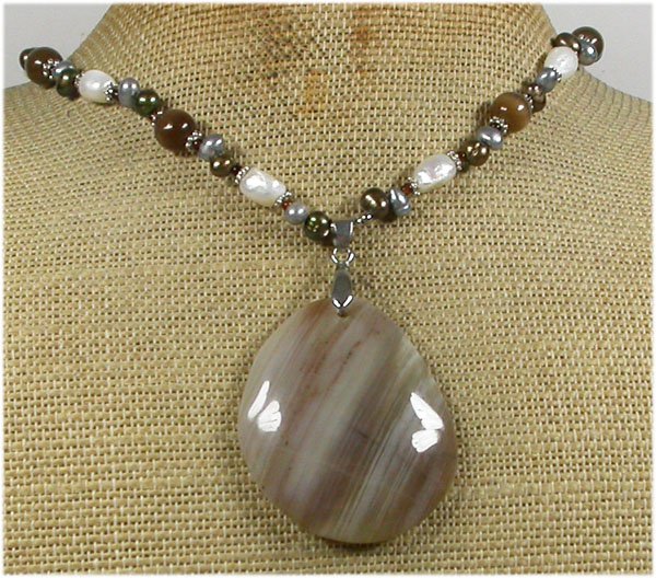 Handmade BROWN LACE AGATE CAT EYE FRESH WATER PEARLS NECKLACE