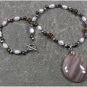 Handmade BROWN LACE AGATE CAT EYE FRESH WATER PEARLS NECKLACE