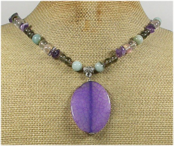 Handmade PURPLE FIRE AGATE FLUORITE AMAZONITE AMETHYST NECKLACE