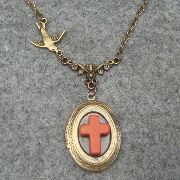 Handmade OVAL LOCKET ORANGE TURQUOISE CROSS SWALLOW BIRD NECKLACE