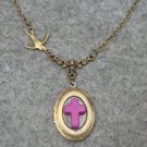 Handmade OVAL LOCKET PURPLE TURQUOISE CROSS SWALLOW BIRD NECKLACE