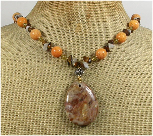 Handmade BROWN AGATE YELLOW CORAL TIGER EYE QUARTZ NECKLACE