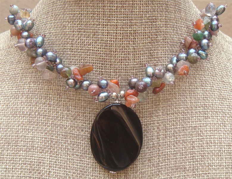 Handmade BLACK AGATE FANCY JASPER FLUORITE PEARLS NECKLACE