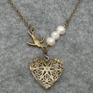 Handmade FILLIGREE HEART PENDANT BIRD FRESH WATER PEARLS NECKLACE