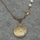 Handmade FLOWER PENDANT & BIRD & FRESH WATER PEARLS NECKLACE