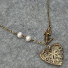 Handmade FILLIGREE HEART LOCKET PENDANT & MERMAID & FRESH WATER PEARLS NECKLACE