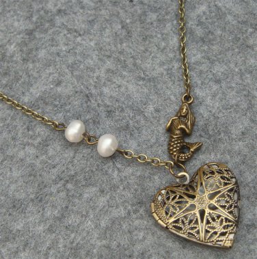 Handmade FILLIGREE HEART LOCKET PENDANT & MERMAID & FRESH WATER PEARLS NECKLACE