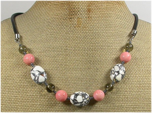 Handmade WHITE TURQUOISE PINK CORAL CRYSTAL LEATHER CORDNECKLACE
