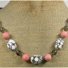 Handmade WHITE TURQUOISE PINK CORAL CRYSTAL LEATHER CORDNECKLACE