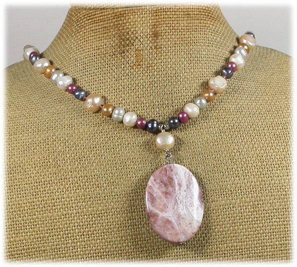 Handmade SAGE PLUME AGATE & FRESH WATER PEARLS NECKLACE