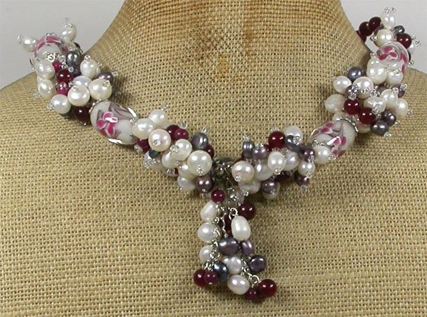 Handmade FLOWER LAMPWORK RED JADE FRESH WATER PEARLS NECKLACE