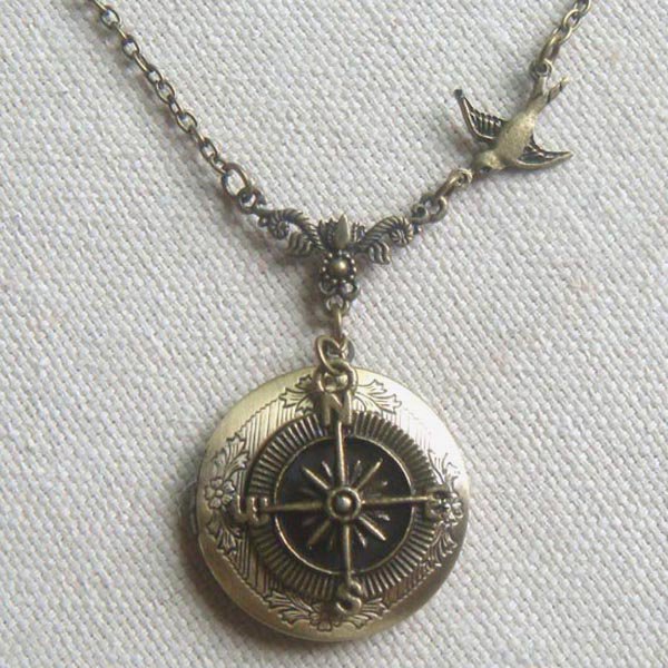 Handmade ROUND LOCKET PENDANT & SWALLOW & COMPASS NECKLACE
