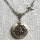 Handmade ROUND LOCKET PENDANT & SWALLOW & COMPASS NECKLACE