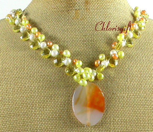 Handmade AGATE YELLOW CRYSTAL FW PEARL NECKLACE