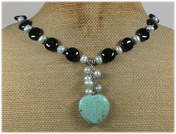 Handmade TURQUOISE BLACK AGATE FW PEARLS NECKLACE