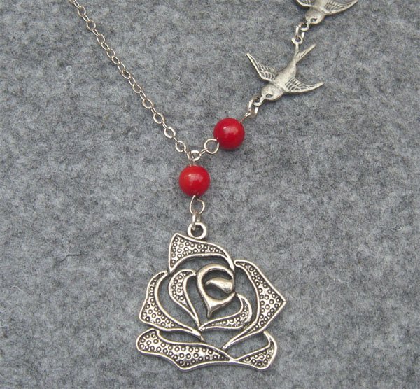 Handmade ROSE & BIRD & FRESH WATER PEARLS NECKLACE