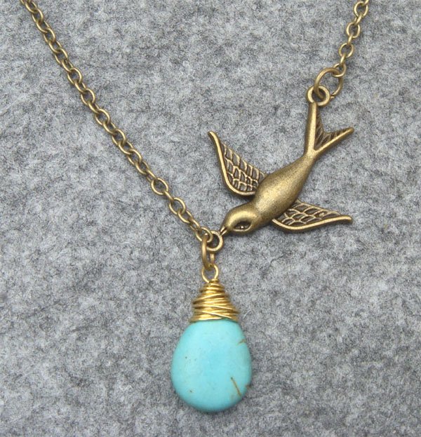 Handmade TURQUOISE DROP & BIRD NECKLACE