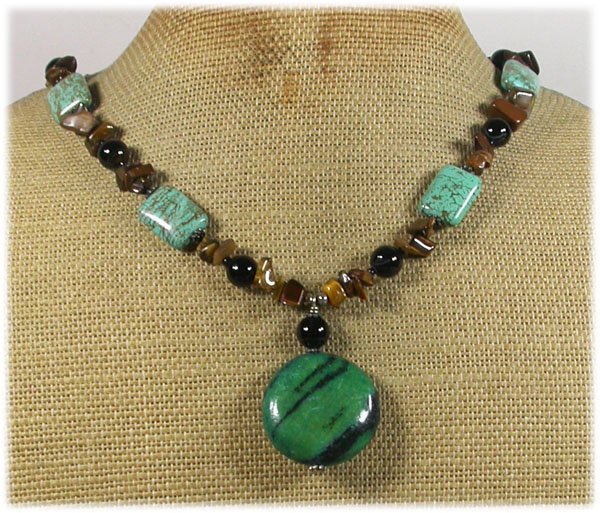 Handmade AFRICAN TURQUOISE BLACK AGATE TIGER EYE NECKLACE