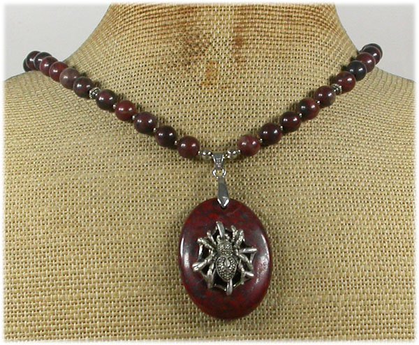 Handmade STEAMPUNK BACCIATED JASPER SPIDER CHARM NECKLACE