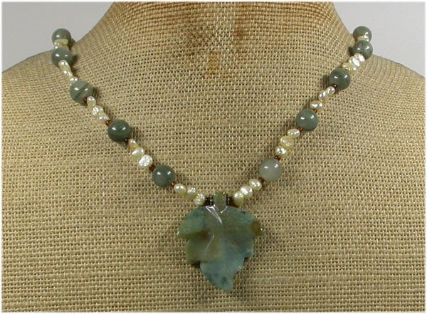 Handmade FANCY JASPER LEAF RUTILATED JASPER FRESH WATER PEARLS NECKLACE