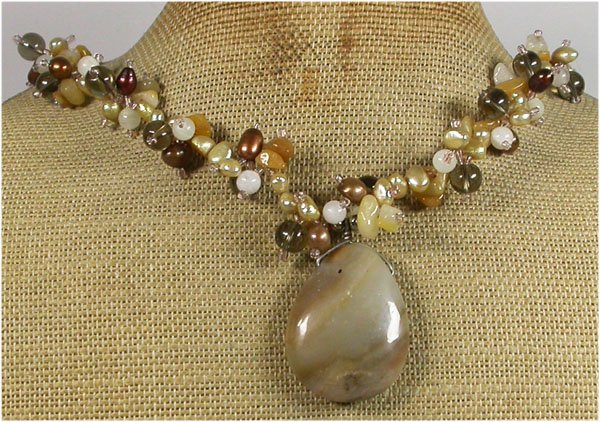 Handmade BROWN AGATE JADE CRYSTAL PEARLS NECKLACE