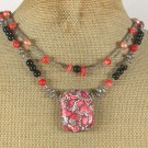 Handmade RED TURQUOISE CORAL BLACK AGATE PEARLS 2ROW NECKLACE