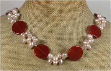 Handmade RED AGATE & FRESH WATER PEARLS NECKLACE