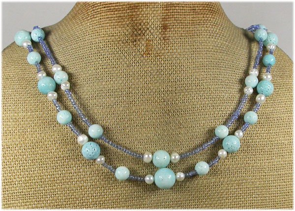 Handmade BLUE CORAL & FRESH WATER PEARLS 2ROW NECKLACE