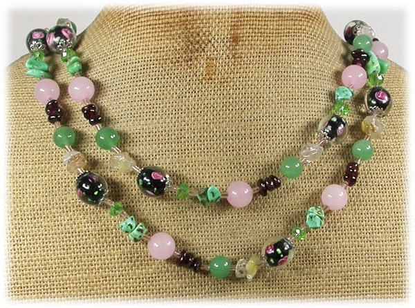 Handmade LONG! 40" PINK GREEN JADE FLOWER LAMPWORK TURQUOISE GARNET NECKLACE