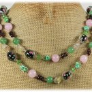 Handmade LONG! 40" PINK GREEN JADE FLOWER LAMPWORK TURQUOISE GARNET NECKLACE