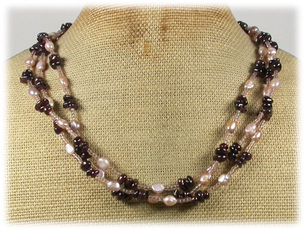 Handmade GARNET & FRESH WATER PEARLS 3ROW NECKLACE