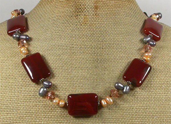 Handmade RED AGATE PINK CRYSTAL FW PEARLS NECKLACE