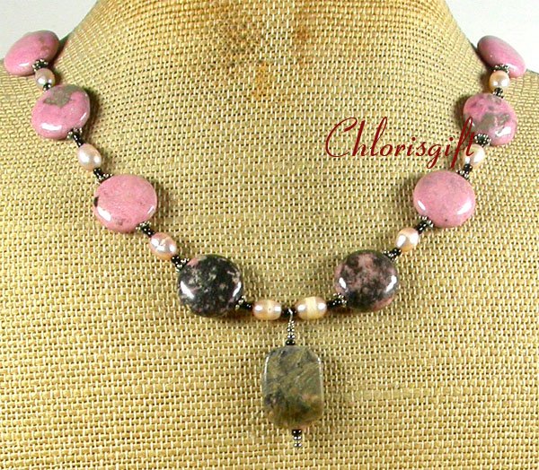 Handmade RHODONITE & FRESH WATER PEARLS NECKLACE