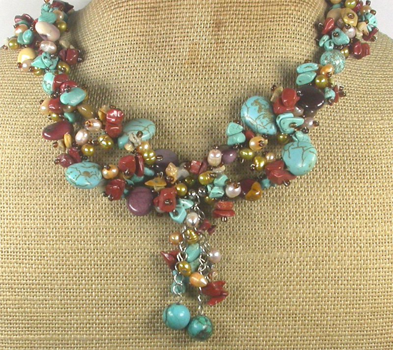 Handmade TURQUOISE JASPER MOOKITE AGATE PEARLS NECKLACE