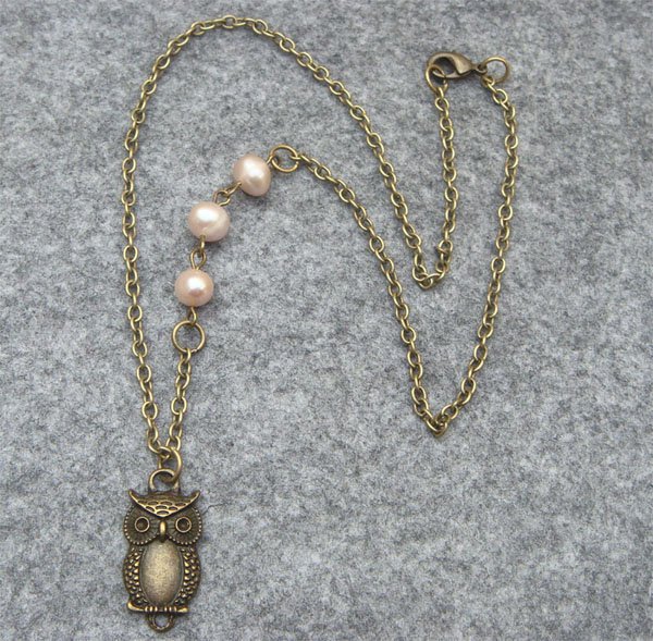 Handmade OWL PENDANT & FRESH WATER PEARLS NECKLACE