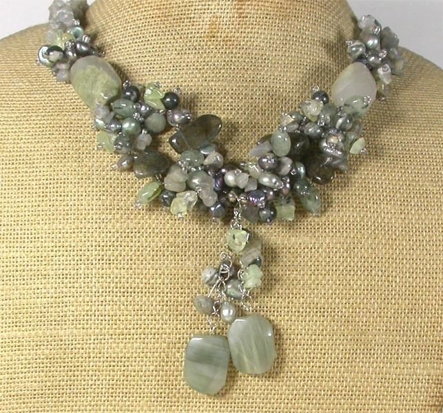 Handmade GREEN RUTILATED JASPER LABORADITE FRESH WATER PEARLS NECKLACE