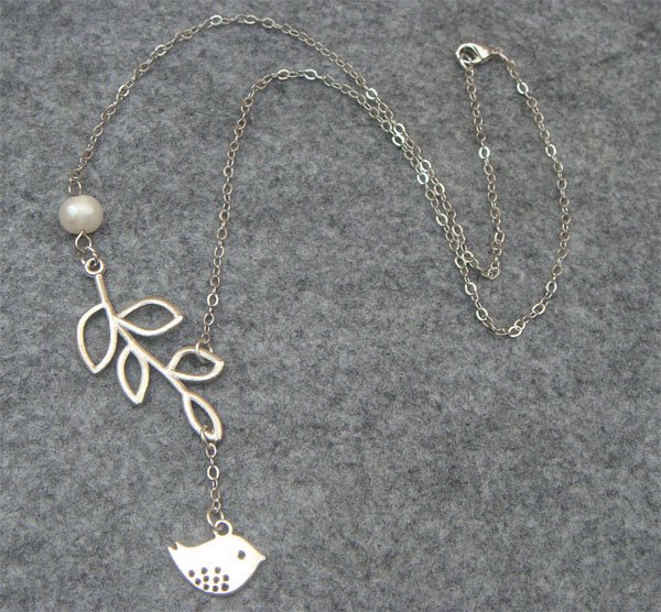 Handmade SILVER BIRD & BRANCH & FRESH WATER PEARL NECKLACE