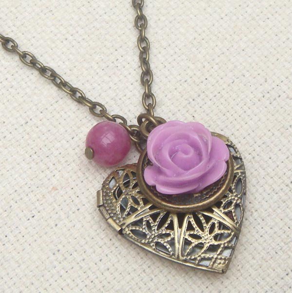 Handmade LOCKET PENDANT PURPLE JADE RESIN FLOWER NECKLACE