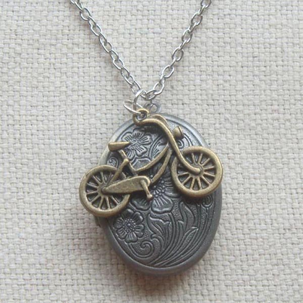 Handmade FLORAL LOCKET & BIKE CHARM NECKLACE