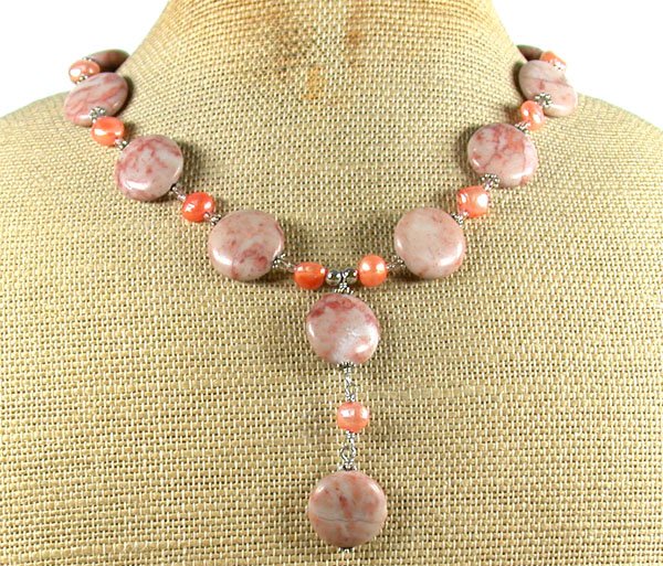 Handmade RED ZEBRA JASPER & FRESH WATER PEARLS NECKLACE