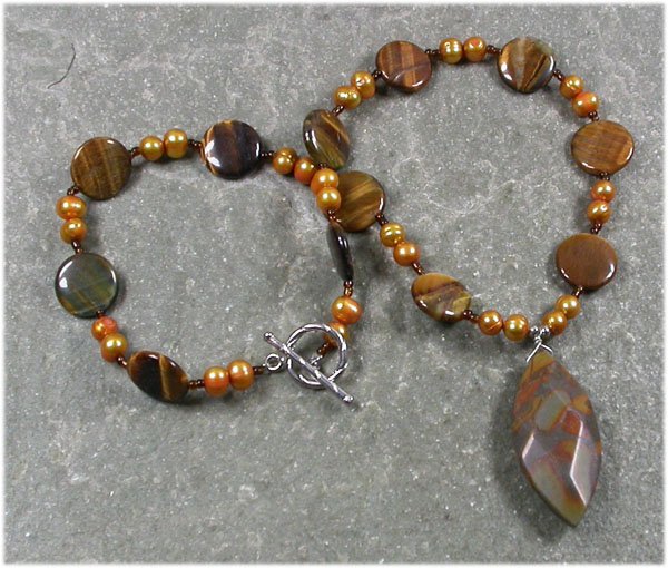 Handmade BROWN POPPY JASPER TIGER EYE FRESH WATER PEARL NECKLACE