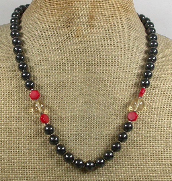 Handmade CITRINE & HEMATITE & RED CORAL NECKLACE