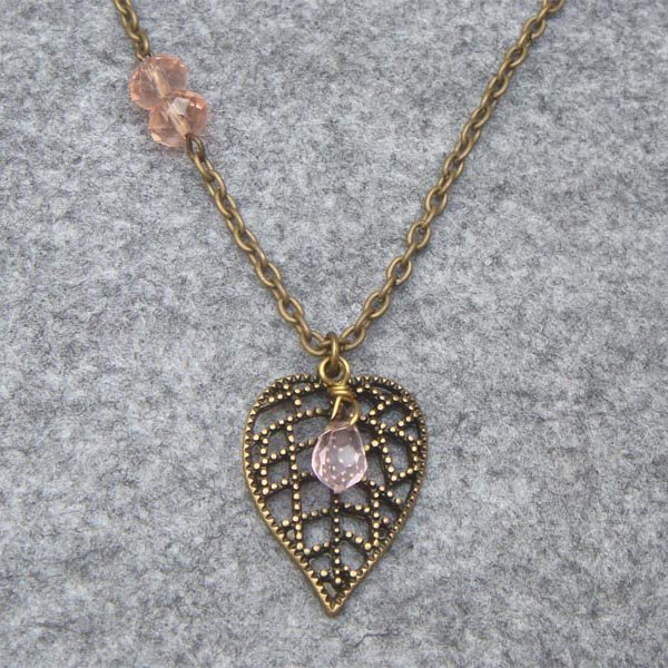 Handmade FILLIGREE LEAF PENDANT & PINK CRYSTAL NECKLACE