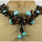 Handmade TURQUOISE AGATE TIGER EYE WOOD PEARLS NECKLACE