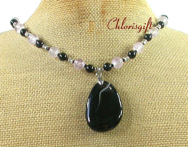 Handmade BLACK AGATE & CLEAR QUARTZ NECKLACE