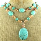 Handmade GREEN TURQUOISE & FRESH WATER PEARL 2ROW NECKLACE