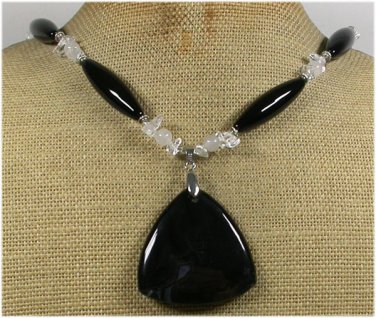 Handmade BLACK AGATE WHITE JADE CLEAR QUARTZ NECKLACE